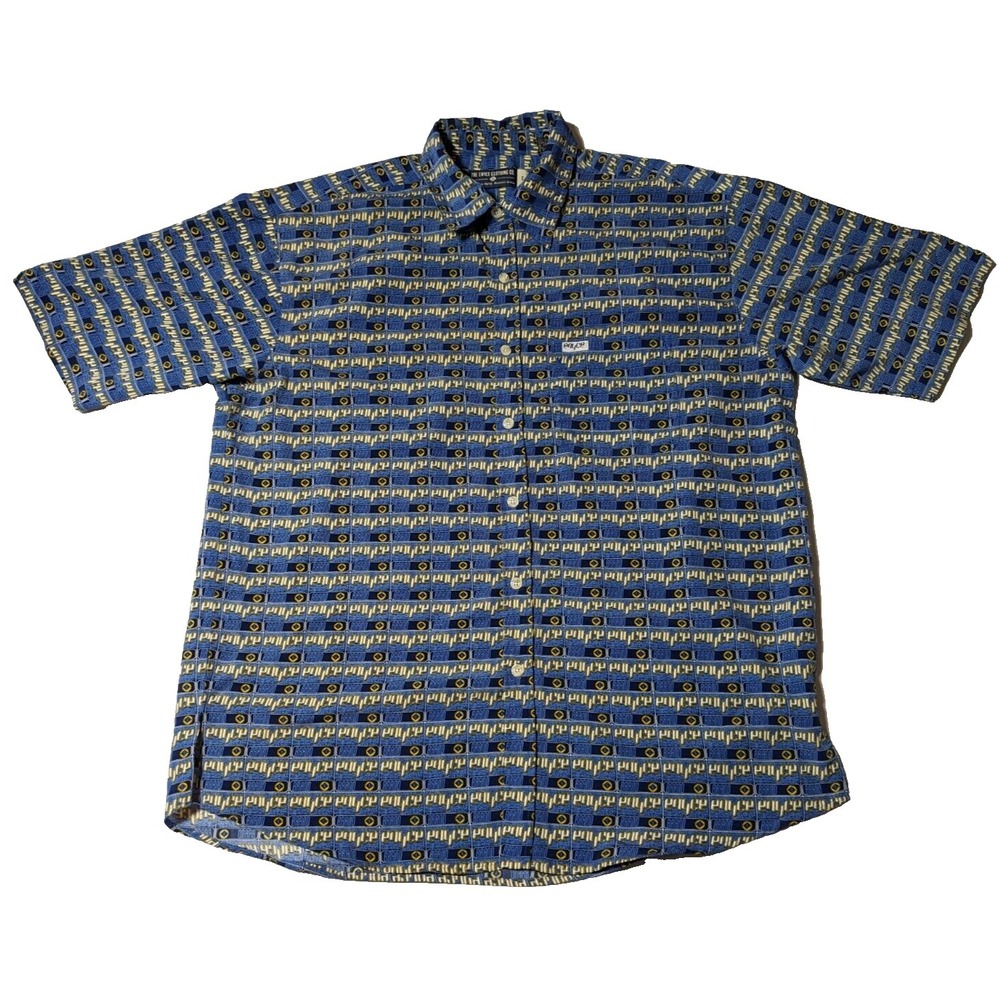 ENYCE CLOTHING CO Men Large Blue Spellout Logo Allover Print Camp Shirt EUC‎